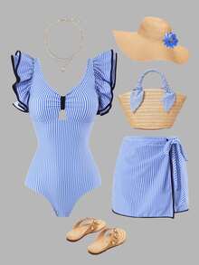 Swim Oasis 2026新款女款夏季海灘度假荷葉邊壓褶V領露背性感藍白條紋印花鏤空貼身繫帶裙式連身泳衣套裝 - 藍白色 - 查看 6