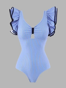 Swim Oasis 2026新款女款夏季海灘度假荷葉邊壓褶V領露背性感藍白條紋印花鏤空貼身繫帶裙式連身泳衣套裝 - 藍白色 - 查看 4