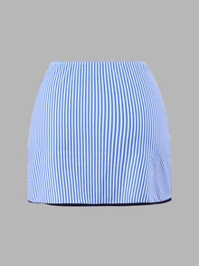 Swim Oasis 2026新款女款夏季海灘度假荷葉邊壓褶V領露背性感藍白條紋印花鏤空貼身繫帶裙式連身泳衣套裝 - 藍白色 - 查看 8