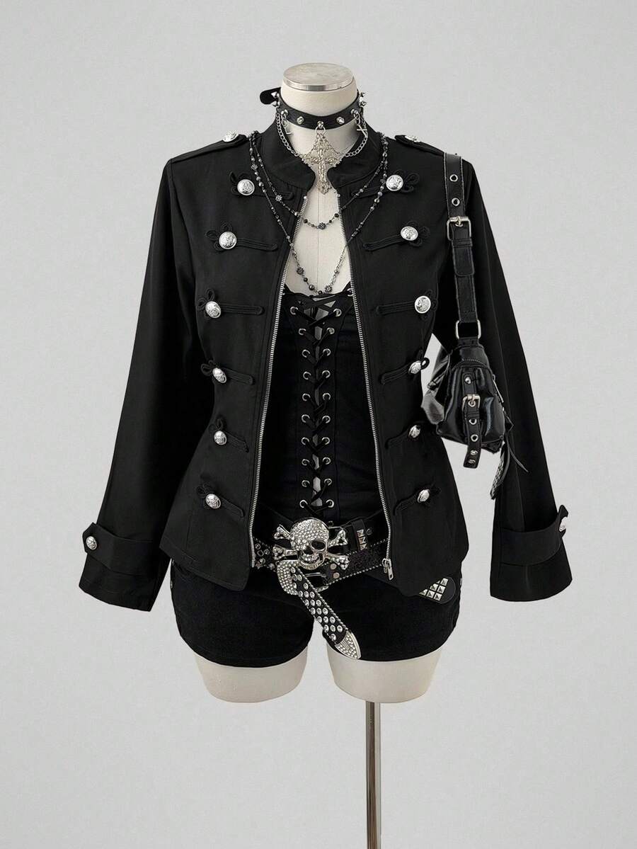 Sunspun Plus Size Casual Long Sleeve Stand Collar Jacket Fall Napoleon-Style Jacket - Black - View 1