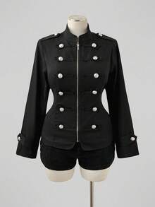 Sunspun Plus Size Casual Long Sleeve Stand Collar Jacket Fall Napoleon-Style Jacket - Black - View 4