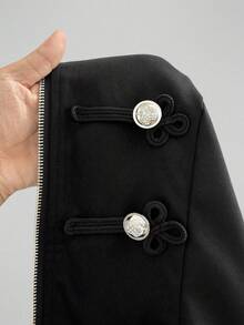 Sunspun Plus Size Casual Long Sleeve Stand Collar Jacket Fall Napoleon-Style Jacket - Black - View 7