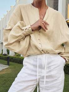 Serisse Kemeja Wanita Polos Kasual Elegan Serbaguna untuk Pemakaian Sehari-hari, Warna Beige untuk Kantor dan Musim Gugur - Aprikot - View 5