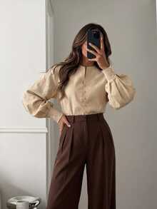Serisse Kemeja Wanita Polos Kasual Elegan Serbaguna untuk Pemakaian Sehari-hari, Warna Beige untuk Kantor dan Musim Gugur - Aprikot - View 2