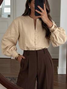 Serisse Kemeja Wanita Polos Kasual Elegan Serbaguna untuk Pemakaian Sehari-hari, Warna Beige untuk Kantor dan Musim Gugur - Aprikot - View 3