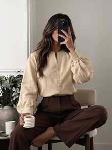 Serisse Kemeja Wanita Polos Kasual Elegan Serbaguna untuk Pemakaian Sehari-hari, Warna Beige untuk Kantor dan Musim Gugur - Aprikot - View 1
