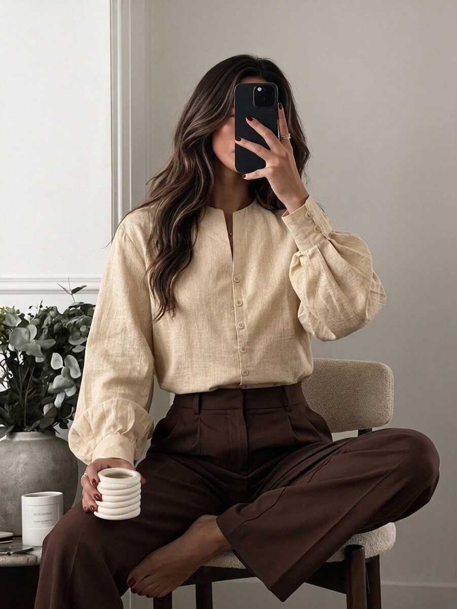 Serisse Kemeja Wanita Polos Kasual Elegan Serbaguna untuk Pemakaian Sehari-hari, Warna Beige untuk Kantor dan Musim Gugur - Aprikot - View 1