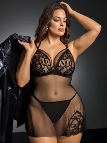 EmpressEnvy 2pcs Plus Size Women Sexy Lace Patchwork Mesh Lingerie Dress And G-String Set - Black - View 4