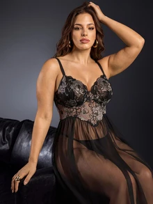EmpressEnvy Plus Size Charming Diva Series Lace Patchwork Mesh Camisole Maxi Dress With G-String - Black - View 3