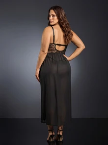 EmpressEnvy Plus Size Charming Diva Series Lace Patchwork Mesh Camisole Maxi Dress With G-String - Black - View 2