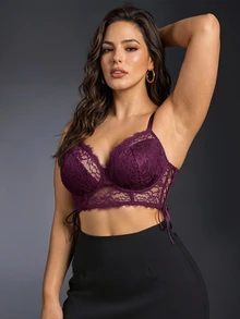 EmpressEnvy Plus Size Charming Leading Lady Series Lace Patchwork Side Lace-Up Design Underwire Bustier (1pc) - Red Violet - View 3