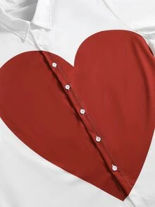 ROMWE MEN Street Life Plus Size Couple White Shirt With Bold Red Heart Short Sleeve Top, Essential For Valentine's Day And Graduation Season - Multicolor - View 2