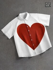 ROMWE MEN Street Life Plus Size Couple White Shirt With Bold Red Heart Short Sleeve Top, Essential For Valentine's Day And Graduation Season - Multicolor - View 1