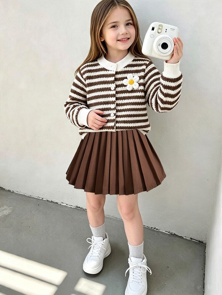 Elladie kids Girls Cute Casual Daily Knit Cardigan Jacket With Multi-Color Floral Pink Buttons Lively And Adorable Paired With Pink Skirt Autumn Children's Outdoor - Coffee Brown - View 1
