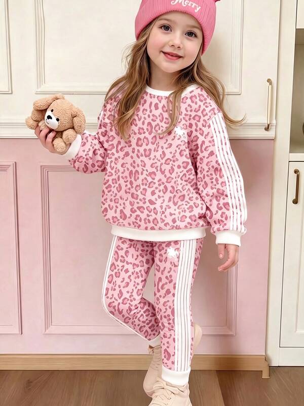 Vintage Fashion Leopard Print Colorblock Striped, Young Girl Casual Crew Neck Long Sleeve Sweatshirt & Fitted Long Pants 2-Piece Set Suitable For Autumn/Winter Daily, Outings, Campus, Sports, Homecoming, Back To School