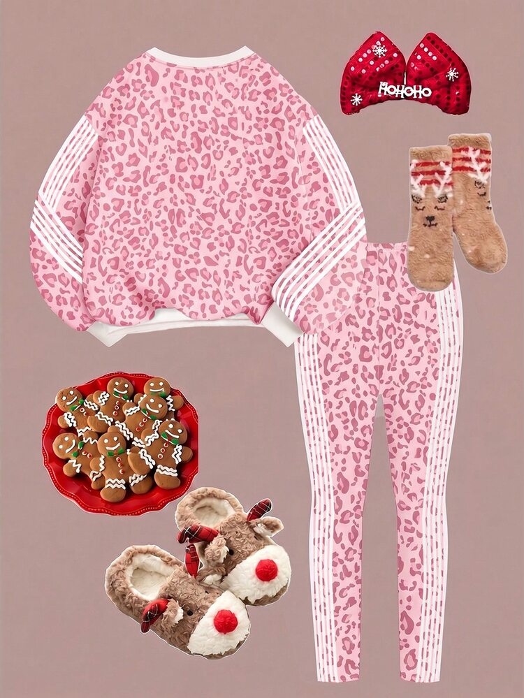 Vintage Fashion Leopard Print Colorblock Striped, Young Girl Casual Crew Neck Long Sleeve Sweatshirt & Fitted Long Pants 2-Piece Set Suitable For Autumn/Winter Daily, Outings, Campus, Sports, Homecoming, Back To School - Multicolor - View 7