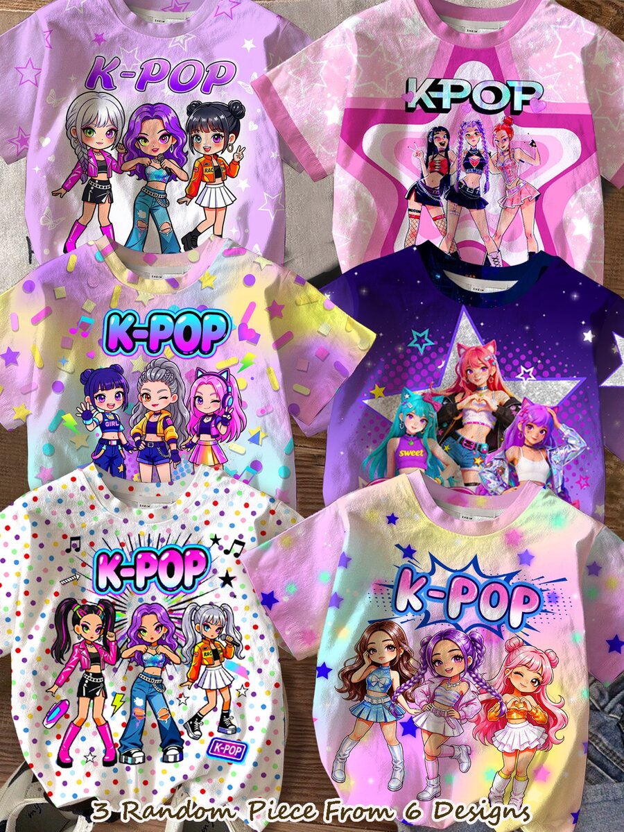 Young Girl K-Pop Superstars , Cartoon Girl Group Print Pattern, Round Neck Short Sleeve T-Shirt Suitable For Spring And Summer - Multicolor - View 1