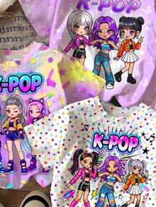 少女 K-Pop 超級明星卡通女團印花圓領短袖 T 恤，適合春夏穿著 - 彩色 - 查看 7