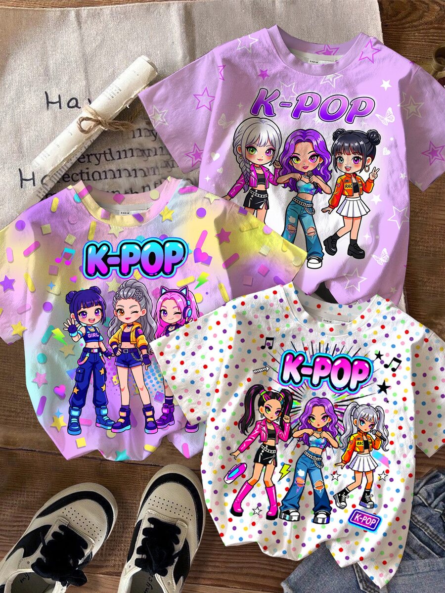 少女 K-Pop 超級明星卡通女團印花圓領短袖 T 恤,適合春夏穿著 - 彩色 - 查看 1