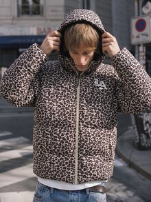 STEELVANCE Men's Leopard Print Hooded Padded Coat, Autumn/Winter Outdoor Coat, Puffer - Khaki - View 4