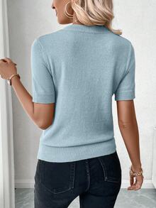 SHEIN Women's Light Blue Solid Color Round Neck Short Sleeve Casual Knit Top,Ribbed Cute Chic Summer Everyday Half Sleeve Sweater - Baby Blue - View 7
