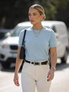 SHEIN Women's Light Blue Solid Color Round Neck Short Sleeve Casual Knit Top,Ribbed Cute Chic Summer Everyday Half Sleeve Sweater - Baby Blue - View 3