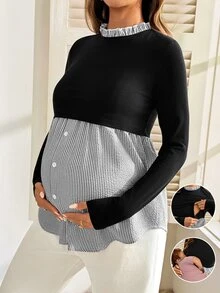 Slowluna 孕婦哺乳功能鈕扣條紋拼接長袖上衣 秋季 - 黑色 - 查看 5
