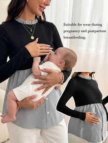Slowluna 孕婦哺乳功能鈕扣條紋拼接長袖上衣 秋季 - 黑色 - 查看 2