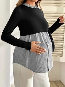 Slowluna 孕婦哺乳功能鈕扣條紋拼接長袖上衣 秋季 - 黑色 - 查看 6