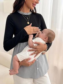 Slowluna 孕婦哺乳功能鈕扣條紋拼接長袖上衣 秋季 - 黑色 - 查看 3