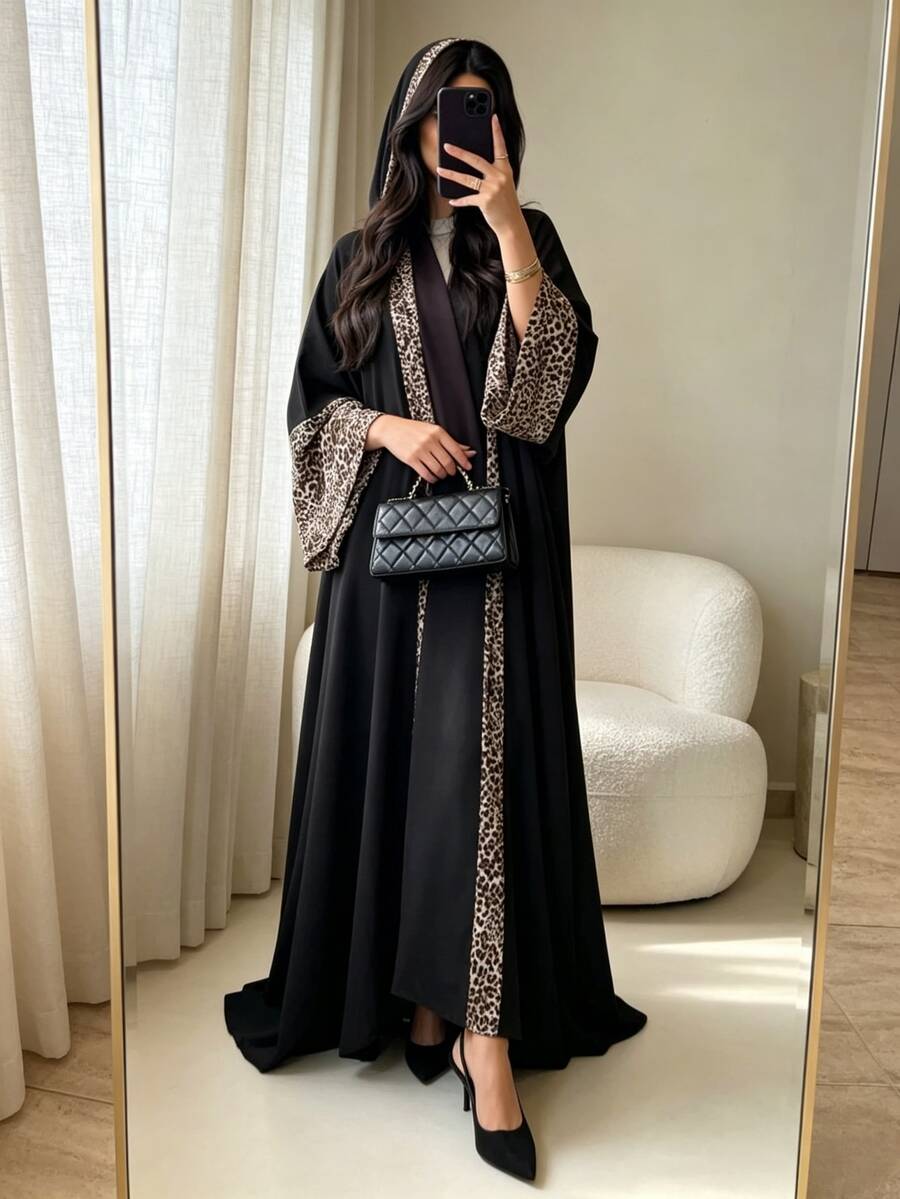 Yasmyna 黑色豹紋拼接拼接式長袍配希賈布套裝,保守長袖長袍,優雅伊斯蘭女性服飾,杜拜秋冬穆斯林卡夫坦 - 黑色 - 查看 1