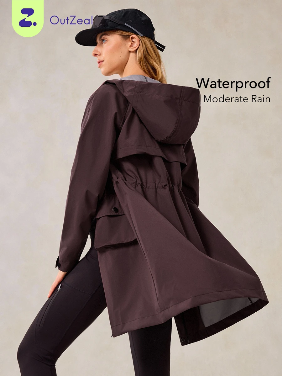 OutZeal Women Outdoor Jacket Camping Hiking Hooded Drawstring Waist Long Length Hooded Outdoor Top Spring Fall - Burgundy - View 1