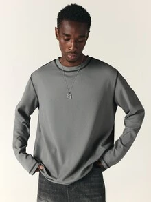 SUMWON Oversized Waffle Knit Long Sleeve Crew Neck Tee With Los Angeles Script Back Print And Contrast Stitching Detail - Grey - View 1