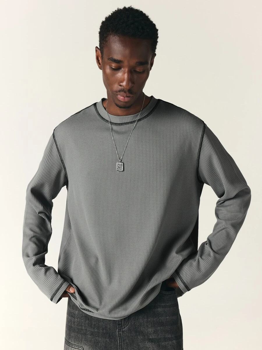 SUMWON Oversized Waffle Knit Long Sleeve Crew Neck Tee With Los Angeles Script Back Print And Contrast Stitching Detail - Grey - View 1