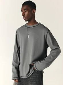 SUMWON Oversized Waffle Knit Long Sleeve Crew Neck Tee With Los Angeles Script Back Print And Contrast Stitching Detail - Grey - View 4