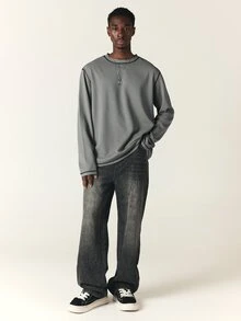 SUMWON Oversized Waffle Knit Long Sleeve Crew Neck Tee With Los Angeles Script Back Print And Contrast Stitching Detail - Grey - View 3