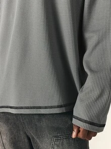 SUMWON Oversized Waffle Knit Long Sleeve Crew Neck Tee With Los Angeles Script Back Print And Contrast Stitching Detail - Grey - View 6