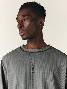 SUMWON Oversized Waffle Knit Long Sleeve Crew Neck Tee With Los Angeles Script Back Print And Contrast Stitching Detail - Grey - View 5