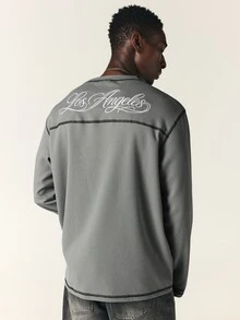 SUMWON Oversized Waffle Knit Long Sleeve Crew Neck Tee With Los Angeles Script Back Print And Contrast Stitching Detail - Grey - View 2