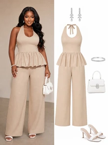 Poshavie Poshavie Plus-Size Women's Jumpsuit Halter Neck Tulip Straight-Leg Jumpsuit Suitable For Going Out - Apricot - View 3
