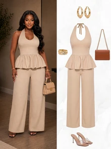 Poshavie Poshavie Plus-Size Women's Jumpsuit Halter Neck Tulip Straight-Leg Jumpsuit Suitable For Going Out - Apricot - View 1
