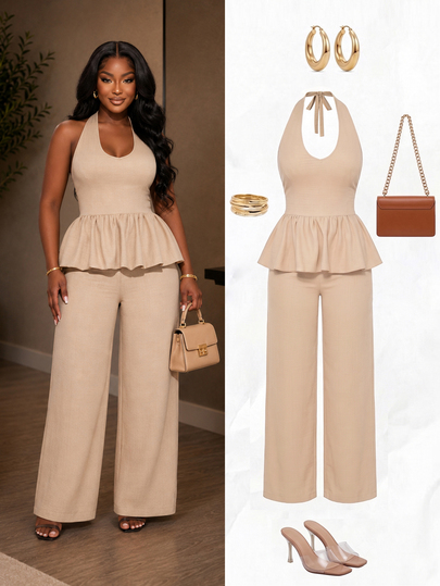 Poshavie Poshavie Plus-Size Women's Jumpsuit Halter Neck Tulip Straight-Leg Jumpsuit Suitable For Going Out
