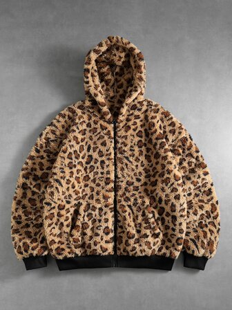 Street Life Veste zippée à capuche en fausse fourrure léopard Y2K, manteau d'hiver streetwear ample avec poches