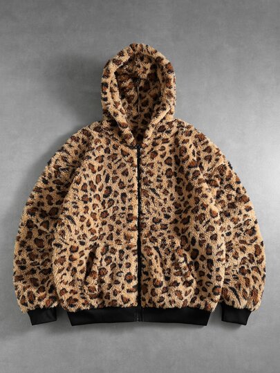 Street Life Y2K Leoparden-Kunstfell-Kapuzenjacke mit Reißverschluss, lockerer Streetwear-Wintermantel mit Taschen