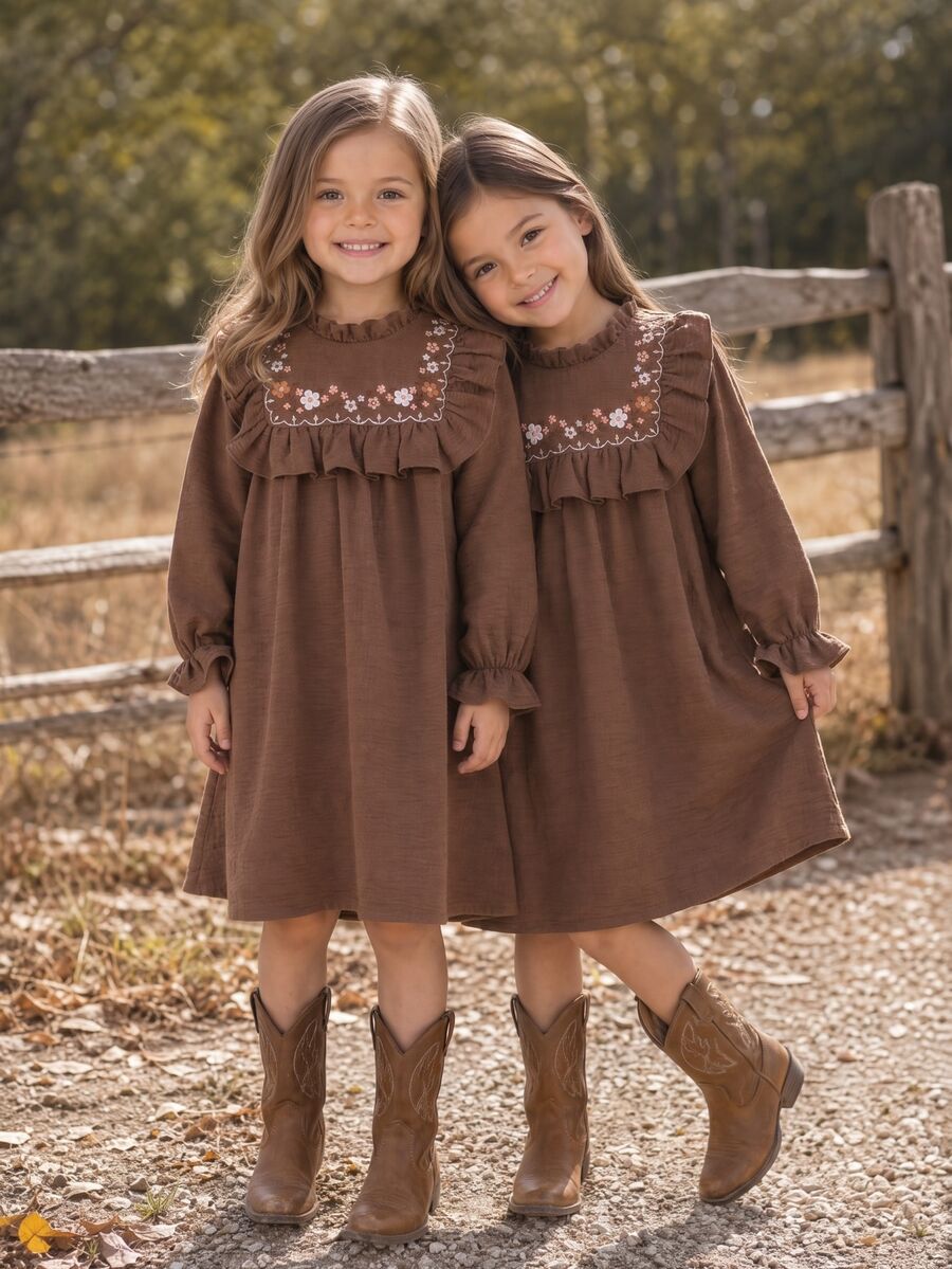 SHEIN Kids Young Girl Woven Solid Color Floral Pattern Ruffle Hem Casual Dress - Coffee Brown - View 1