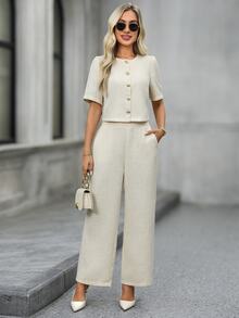 EMERY ROSE Solid Button Front Blouse Wide Leg Pants Elegant Women's Set Summer Outfit Office Tea Party Off-White - White - View 6