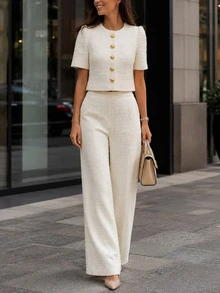 EMERY ROSE Solid Button Front Blouse Wide Leg Pants Elegant Women's Set Summer Outfit Office Tea Party Off-White - White - View 3