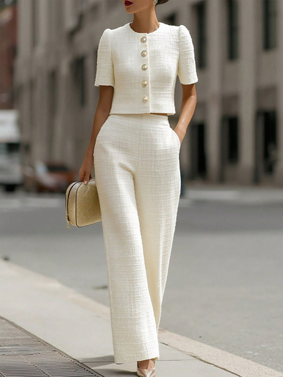EMERY ROSE Solid Button Front Blouse & Wide Leg Pants