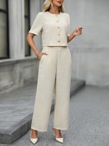 EMERY ROSE Solid Button Front Blouse Wide Leg Pants Elegant Women's Set Summer Outfit Office Tea Party Off-White - White - View 10