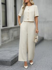 EMERY ROSE Solid Button Front Blouse Wide Leg Pants Elegant Women's Set Summer Outfit Office Tea Party Off-White - White - View 8